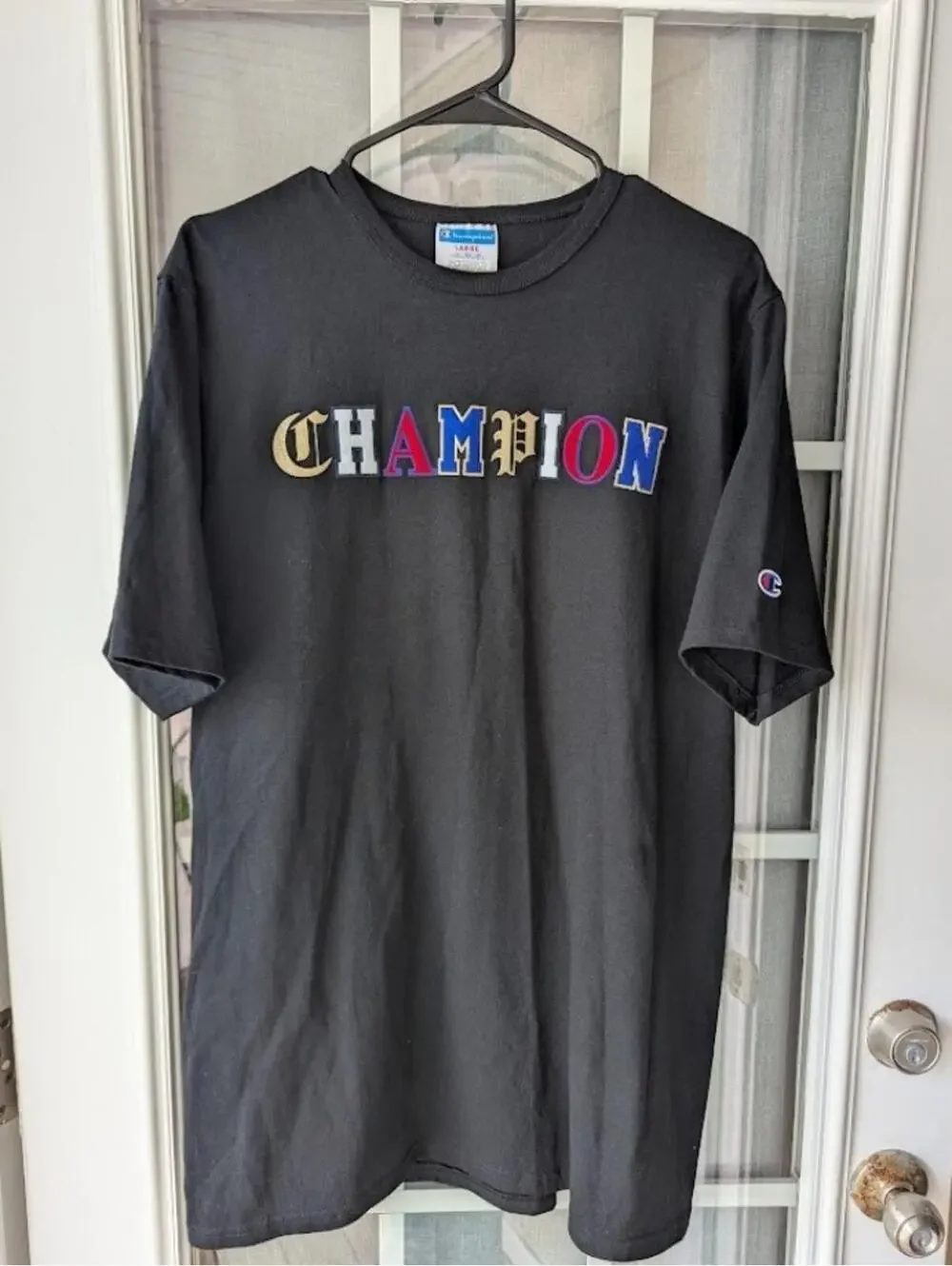Champion Shirt Large Black Vintage Multi-Font Ransom Lettering Embroidered 22x29 - Picture 2 of 5